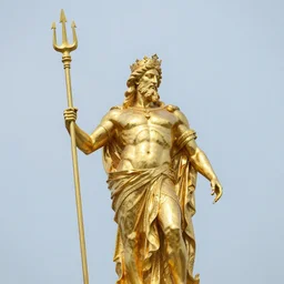 golden statue of Poseidon, the god of the sea, with trident and crown