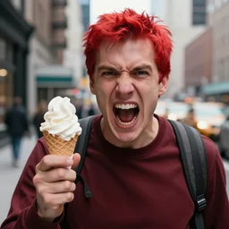 a furious red in the face screaming man holding a speck of ice cream in his hand. photograph nyc.