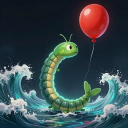 a centipede with a fish tail, holding a red baloon, fullbody view, ocean waves, luminous scene, drammatuc lighting, by greg rutkowski and alphonse mucha, d & d monster, highly detailed, digital painting, artstation, concept art, smooth, sharp focus illustration, artstation hq