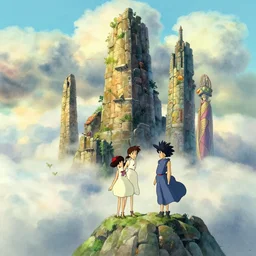 a wholesome animation key shot, thin wizard towers of ancient masonry rise above clouds, studio ghibli, pixar and disney animation, sharp, disney concept art watercolor illustration by mandy jurgens and alphonse mucha and alena aenami, pastel color palette, bloom, dramatic lighting