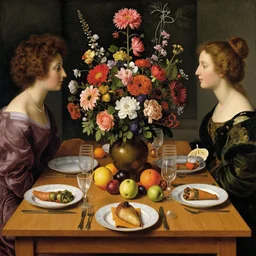 thanksgiving supper, flowers and fruit on a wooden table, a still life by giuseppe arcimboldo, vanitas, pinterest, maximalist, intricate high detail masterpiece