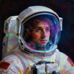 a baroque neoclassicist close - up portrait of a colorful retrofuturistic blacklight uv silhouette of an astronaut with transparent visor with reflective gradient being glowing fog in the background. renaissance portrait painting. highly detailed science fiction painting by norman rockwell, frank frazetta, and syd mead. rich colors, octane render, gloomy atmosphere. trending on artstation, masterpiece, directed by ridley scott