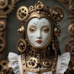 beautiful ornate clockwork maid with a cracked porcelain face, steampunk, gears, ultra detailed, portrait, realistic, octane render, shallow depth of field, 8k