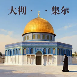 a beautiful oil painting flyer design illustration of dome of the rock jerusalem and a silhouette of muslim is praying to god in front of it, intricate, elegant, glowing lights, highly detailed, digital painting, artstation, concept art, smooth, sharp focus, illustration, flat background