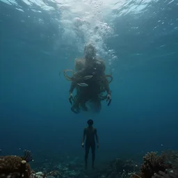 the man at the bottom of the sea, abstract, surreal, uncanny, 4 k hd, realisitc photography, detailed,