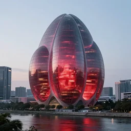 An epic architectural rendering of a blob shaped trypophobia house with a mysterious red glow emitting from inside in a modern cityscape next to a river, by Zaha Hadid, stunning, gorgeous, golden ratio, photorealistic, featured on artstation, 4k resolution