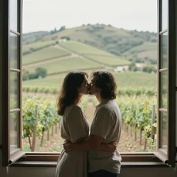 a couple kissing, behind them is a window that shows a hilly landscape with vineyards, natural light, dreamy, 7 0 mm, hopper