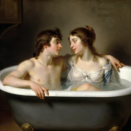 an 1 8 th century oil painting of two beautiful lovers in a tub together