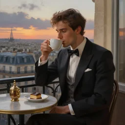 elegant man drinking coffee at balcony in paris, city seen behind, moody sunset, intricate, elegant, highly detailed, digital painting, artstation, concept art, matte, sharp focus, illustration, art by artgerm and greg rutkowski and alphonse mucha, 4 k, smooth,