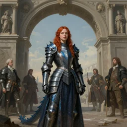 young redhead pale woman in dark and blue princess dragon armor, she stands under the arch of victory. by henriette ronner - knip, by william henry hunt, by rembrandt, by joseph mallord william turner, by konstantin razumov, concept art,