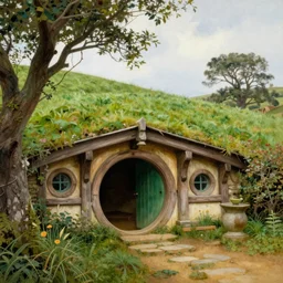 landscape painting of bag end hobbit hole, tolkein, lord of the rings, painting by bob ross