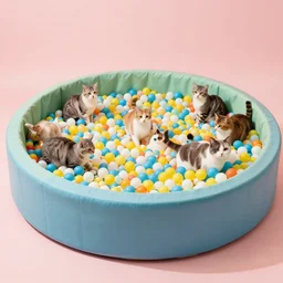 color studio photo of lots of cats playing in a ball pit