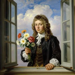 museum painting, young handsome man 1 7 years old, darken golden hair, in 1 8 th century clothes, laces, holding flowers, by the open window, clouds, flowers, sharp focus, highly detailed, digital art, oil painting, masterpiece, artgerm, rutkowski, mucha, kojima, kinkade