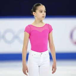 1 9 years old slim gabriella papadakis wearing white jean and pink shirt
