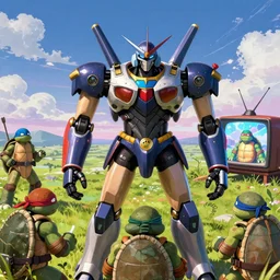 mazinger z mecha in a pasture watching ninja turtles on a television, looking at the sky, psychedelic, highly detailed upper body, professionally post - processed, beautiful, symmetry accurate features, epic, octane rendered, anime masterpiece, ilya kuvshinov, krenz cushart, epic, unreal engine 5, lumen, nanite