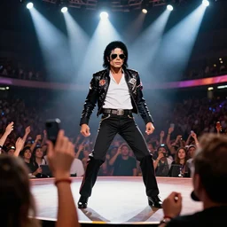 sea of fans at 0 2 arena watch michael jackson 2 0 0 9 on a stage wearing billie jean outfit, aviator shades, solo dance, this is it style, pov, spotlight, stage, photo real, motion blur, by himself, real life, performing, spotted, ultra realistic face, accurate, 4 k, movie still, uhd, sharp, detailed, cinematic, render, modern
