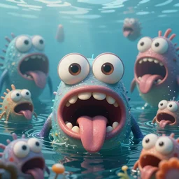 of a calm sea with large strange cute happy friendly creatures with huge eyes, mouth, long tongue and round teeth appearing from waters, in the style of gehry and gaudi, macro lens, highly detailed, shallow depth of fielf, digital painting, trending artstation, concept art, illustration, cinematic lighting, vibrant colors, photorealism, epic, octane render