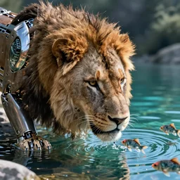 a close up of a hyperrealistic cybernetic lion drinking from a crystal clear lake full of robotic fish