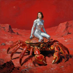 painting by wayne barlow and carlo crivelli, a woman in a skintight silver shining spacesuit riding on the back of a giant alien crab on a dramatic red rocky planet