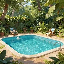 swimming pool in the middle of the jungle a 'cat and a dog superdetailed' , empty beach chair , highly detailed, digital painting, artstation, concept art
