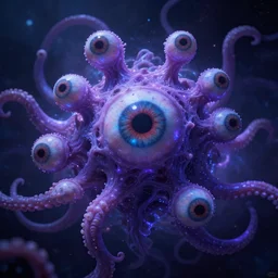 A deep space view of an Eldritch Organic Planet of The Void made of eyeballs and tentacles, Purple and Blue colored, 4k, masterpiece, cinematic, glowing, by Greg Rutkowski, Trending on Artstation, Behance. Polished, Volumetric Lighting