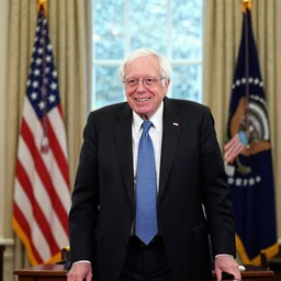 president bernie sanders smiling in the oval office