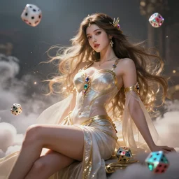 a beautiful female goddess of the dices character, character is in all its glory, character is in her natural relaxed pose, rim lights, particles and dust in the air, fancy clouds, highly detailed professional photo, dynamic lights, particles are flying, depth of field, trending on artstation, professional illustration, hyper realistic, vray caustics, super detailed, colorful accents, cinematic shot