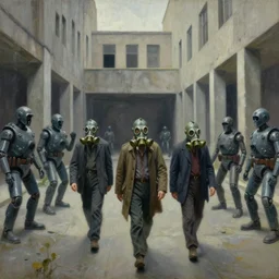 drab workers wearing gas masks walking along cloisters, watched by fascist robots, brutalist courtyard, dystopian, pj crook, edward hopper, oil on canvas