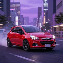 A Red Opel Corsa branded as Ferrari drifting in the center of Tokyo. Realistic, Colour graded purple. award-winner. 8k. Unreal 5.