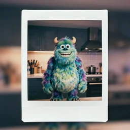 a blurry polaroid photograph of a wide grinning monster standing in a dark kitchen in a home, realistic lighting, 4 k ultra hd