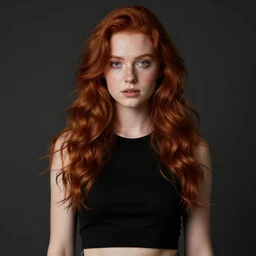 beautiful irish lass with red wavy hair and piecing eyes, soft flawless pale skin, wearing a black crop top photography dramatic dark lighting, hyperrealistic