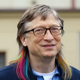 real photograph, bill gates long hair rainbow colored, in legnica, macro head shot, photo mid shot