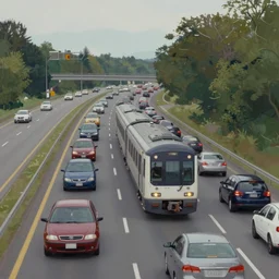 a train driving down a busy motorway filled with cars, a matte painting by gregory crewdson, behance, american scene painting, matte painting, playstation 5 screenshot, matte drawing