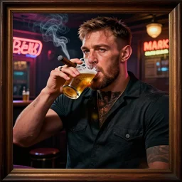 a well framed portrait of conor mcgregor drinking a beer and smoking a cigar in an irish pub with a neon bar, trending on art station, in the style of the movie heat, volumetric lighting & shadows, hyper detailed, digital art, unreal engine, 4 0 0 mm f 1. 8,