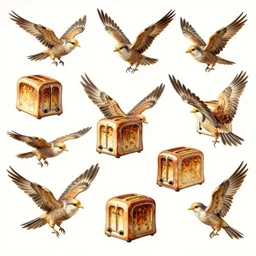 a hyper detailed illustration of a flock of flying toasters with bird wings, elegant, illustration, digital painting, 8 k, fine detail, artstation, art by greg rutkowski, jack kirby, albert aublet, frank herbert, and alphonse mucha