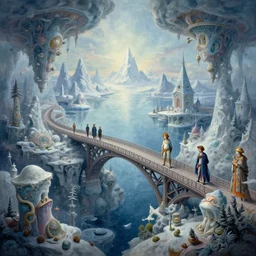 beguiling epic stunning beautiful insanely detailed matte painting of a bridge through arctic dream worlds designed by heironymous bosch, by cyril rolando and asher durand and natalie shau, whimsical, intricate