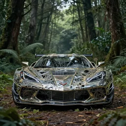 chrome stag made of corvette parts in a lush forest :: moody, ornate, dynamic, particulate, intricate, elegant, highly detailed, centered, artstation, smooth, sharp focus, octane render