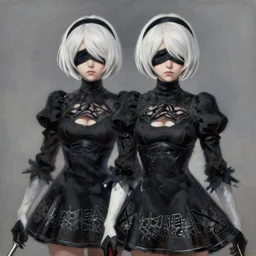 Oil painting of 2B from NieR:Automata. 2B has a white short bob hairstyle with a black blindfold and wears a black combat dress similar to that of a French maid.