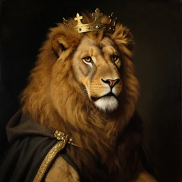 a Lion wearing a crown and cape, dark background in a renaissance style portrait painting, no humans