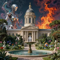 Neoclassical tower with dome, next to a fountain and a mystical garden. By (Rembrandt painting(100)(fractal flame)), psychedelic, mech, pearlized, highly detailded