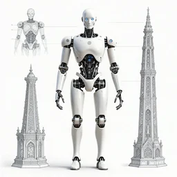 anatomy of the vitruvian terminator, robot, cyborg, t 1 0 0, bloodborne diagrams, mystical, intricate ornamental tower floral flourishes, rule of thirds, technology meets fantasy, map, infographic, concept art, art station, style of wes anderson