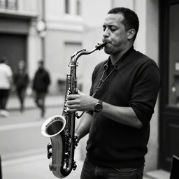 a black and white photo of a man playing saxophone on the street.