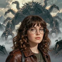 portrait of a young woman with bangs, wavy brown hair and bangs, wearing round thin - rimmed glasses and a leather jacket, she has a big, round jawline,! dream a giant monster with many limbs crawling across a misty mountainous landscape, dramatic lighting, illustration by francois baranger, greg rutkowski, yoji shinkawa, 4 k, digital art, concept art, trending on artstation