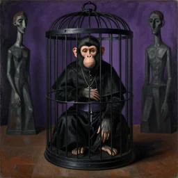 Misterious portrait of Pope Monkey X in a cage in penumbra by Velasquez painting by Pablo Picasso and Chaïm Soutine and Alberto Giacometti and Francisco Goya, black and purple