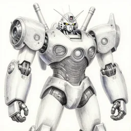 an intricate color pencil drawing of a giant anime robot with rounded and circular parts
