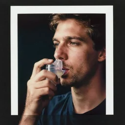 polaroid of a man using an inhaler realistic art