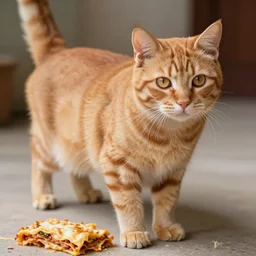 ((orange)) tabby cat standing in lasagna, messy, photo, detailed, 4k
