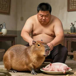 TA fat Chinese man preparing a capybara for lunch, as if it were a pig , artwork by Craig Mullins,Movie poster, detailed, trending on artstation