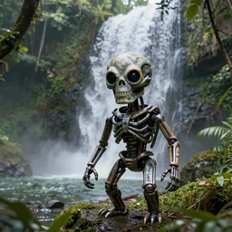 a cute terminator under a waterfall in the jungle, highly detailed, digital painting, award winning art