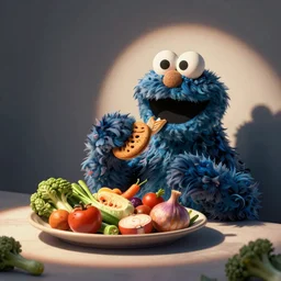 The Cookie Monster eating a plate full of vegetables